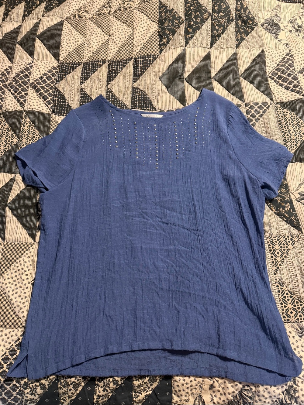 Blue Crinkle Top with Studded Neckline